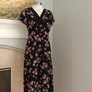 Elegant black chiffon floral dress with pink rose prints 913-5